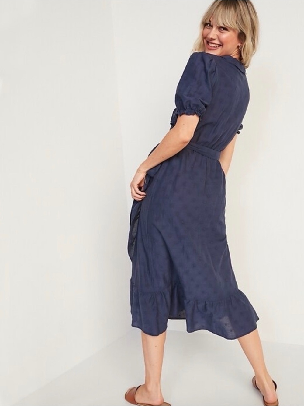 Old Navy Womens Navy Blue Star Embroidered Ruffle Wrap Midi Dress XL - Picture 3 of 10